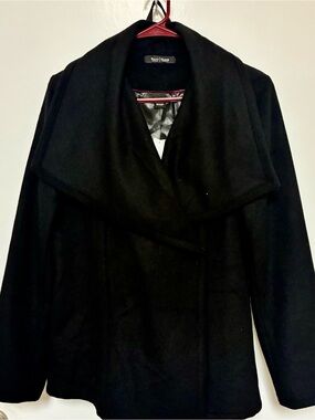 NWT White House Black Market Black Shawl Collar Wool-Blend Wrap Coat w belt